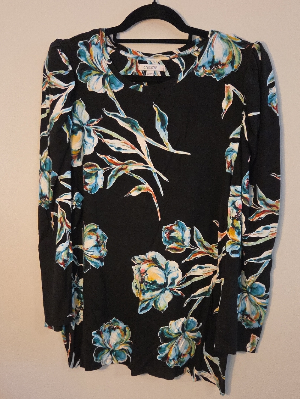 Chico's Black Floral Long Sleeve Knit Top with Teal & Yellow Blooms, 4